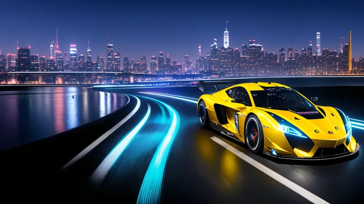 racing car、futuristic cityscape、neon light、high speed、adrenaline rush、sophisticated aerodynamic vehicle、fast-paced action、fierce...