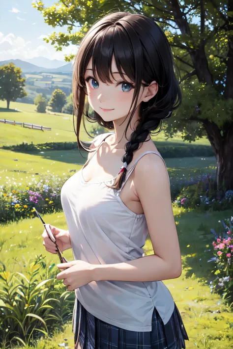 very cute and beautiful girl,(highly detailed beautiful face),
white camisole,standing under big tree,cowboy shot BREAK
 (smile),happy,looking at viewer,(pleated blue mini skirt:1.2),(skirt lift,white panties),
countryside,grassland,hilltop,wooden fence,de...