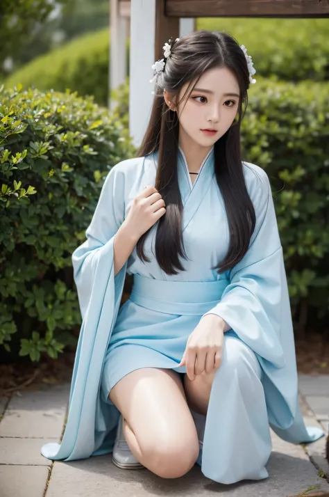 fair, masterpiece, best quality, extremely detailed face,1 girl, alone，wrap your chest，hanfu，white stockings，kneeling position