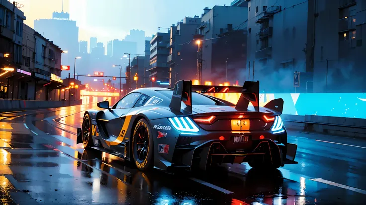 racing car、futuristic cityscape、neon light、high speed、adrenaline rush、sophisticated aerodynamic vehicle、fast-paced action、fierce...