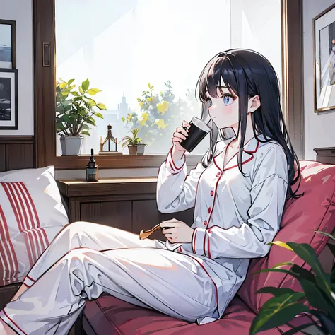 A girl sitting in the dark room enjoying the outside light coming through the window while drinking her coffee dressed in her pajamas