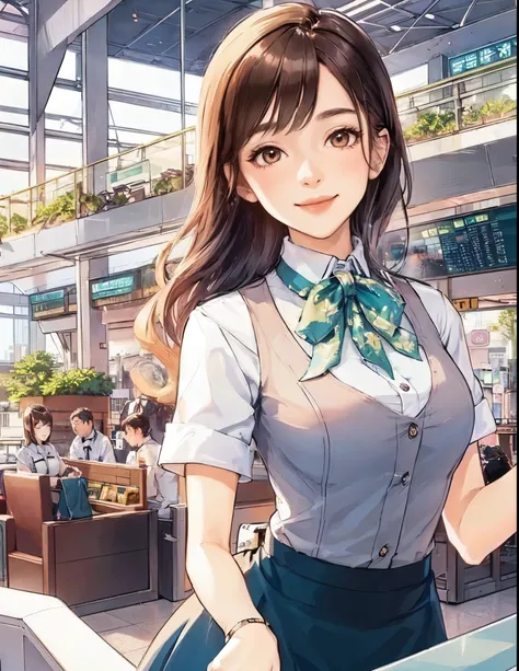 1lady solo, stewardess, (stewardess uniform), mature female, /(dark brown hair/) bangs, kind smile, (masterpiece best quality:1.2) ultra-detailed, large breasts BREAK /(airport reception/) indoors