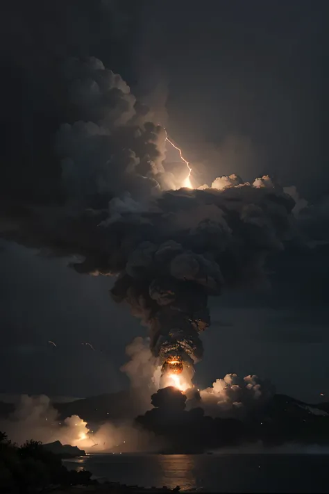 very strong pyroclastic volcanic explosion on an island, lightning, nuvens, grey sky, foto