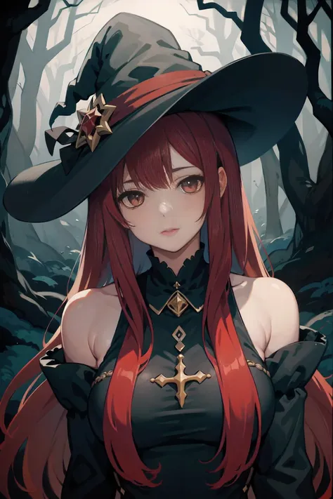 1 beautiful girl with long red hair , witch ,forest of darkness