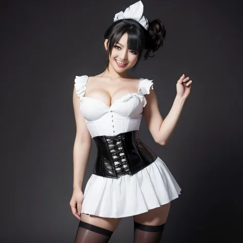 A woman wearing a skimpy white skirt and a black maid outfit, white stockings, and a tight corset, flaunt your big curves, mohawk hairstyle, so beautiful、full body shot、she starts bragging playfully, enjoy the attention. She is facing the viewer, smile hap...