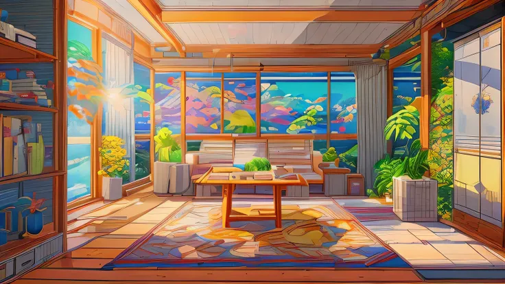 masterpiece, hestyle inside view of living room at morning, anime style