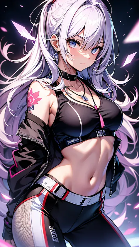 最high quality、best image quality、masterpiece、girl((20-year-old、 By becoming、vest bust、medium bust,wide open breast tea、shining eyes, silver hair、long hair、thin,highest valley、black sports bra、black sports pants、shoulder tattoo,diamond earrings、Wristband、bl...