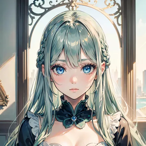 (1 girl), ((masterpiece, highest resolution,highest quality)), (beautiful illustrations),(Beautiful medium-long silver-green hair),(beautiful blue eyes),face,(looking at the viewer),