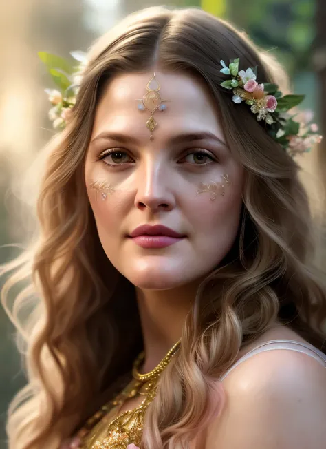 Looks like Drew Barrymore, (symmetry:1.1) (portrait of floral:1.05) a woman as a beautiful goddess, (assassins creed style:0.8), pink and gold and opal color scheme, beautiful intricate filegrid facepaint, intricate, elegant, highly detailed, digital paint...