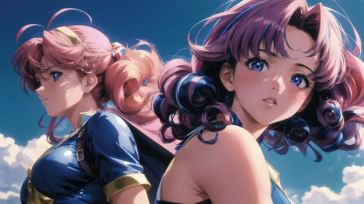 1 girl, blueberry theme, realistic anime, 8K, cinematic, dramatic,1990s (style),masterpiece,highest quality, highest quality, screen cap, adventure, A magical girl with super curly blonde hair with black streaks., gradient hair