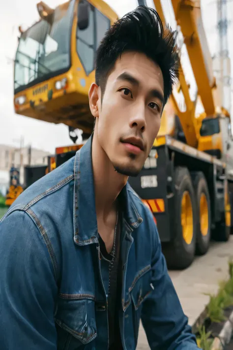 arafed man in denim jacket sitting on curb next to a construction truck, inspired by adam dario keel, rick dai, inspired by jorg...