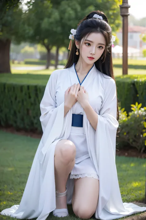 Fair, masterpiece, best quality, extremely detailed face,1 girl, alone，wrap your chest，hanfu，white stockings，kneeling position