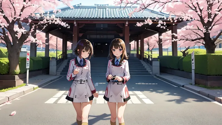 junior high school girls wearing 、walk in front of the school building where cherry blossoms bloom、cowboy shot