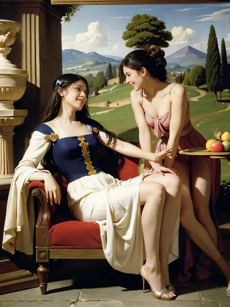 Giorgione&#39;s painting style,Discussion between two female philosophers,math、astronomical machine、astronaut、roses in vase、fruit、Cute trinkets、smile、ancient greek costume、Ancient Roman landscape in the style of Nicolas Poussin,laughter,,sweet and seductiv...