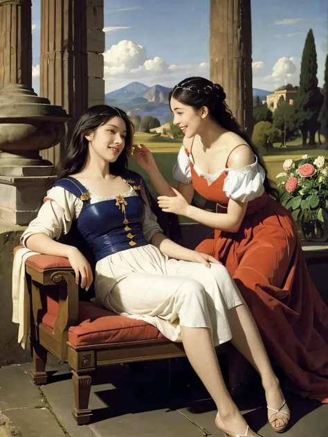 Giorgione&#39;s painting style,Discussion between two female philosophers,math、astronomical machine、astronaut、roses in vase、fruit、Cute trinkets、smile、ancient greek costume、Ancient Roman landscape in the style of Nicolas Poussin,laughter,,sweet and seductiv...