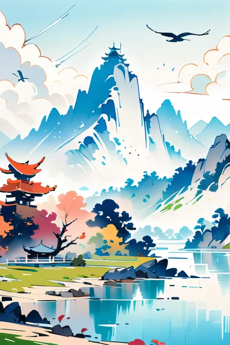 a painting of a mountain with a lake and pagodas in the background and birds flying around it