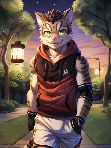 furry, anthro, cat, solo, looking at viewer, smile, 1boy, male focus, sleeveless, hood, hoodie, white shorts, sleeveless hoodie, elbow pads, yan shu chi, green eyes, blush, walking in a park, dusk, japanese lantern