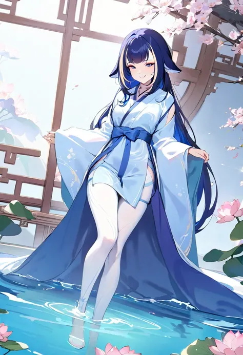 (((shy lily))),((4K,masterpiece,best quality)), Ink Bismuth, traditional Chinese painting, lotus, hanfu, maxis kit, Dress conservatively 1girl, alone, long blue hair, smiling, permanent, feet in water, white pantyhose，