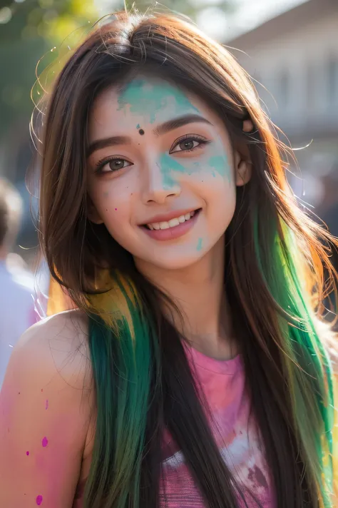 (best quality,4k,8k,highres,masterpiece:1.2),ultra-detailed India holi festival,(realistic,photorealistic,photo-realistic:1.37),beautiful detailed eyes with holi colors,beautiful detailed smiling lips,green eyes,smiling face with holi colours, face full of...