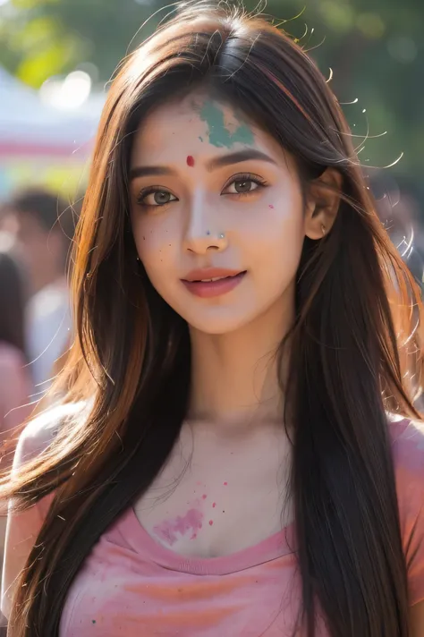 (best quality,4k,8k,highres,masterpiece:1.2),ultra-detailed India holi festival,(realistic,photorealistic,photo-realistic:1.37),beautiful detailed eyes with holi colors,beautiful detailed smiling lips,green eyes,smiling face, face full of holi colours,phot...