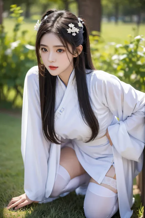 Fair, masterpiece, best quality, extremely detailed face,1 girl, alone，wrap your chest，hanfu，white stockings，kneeling position