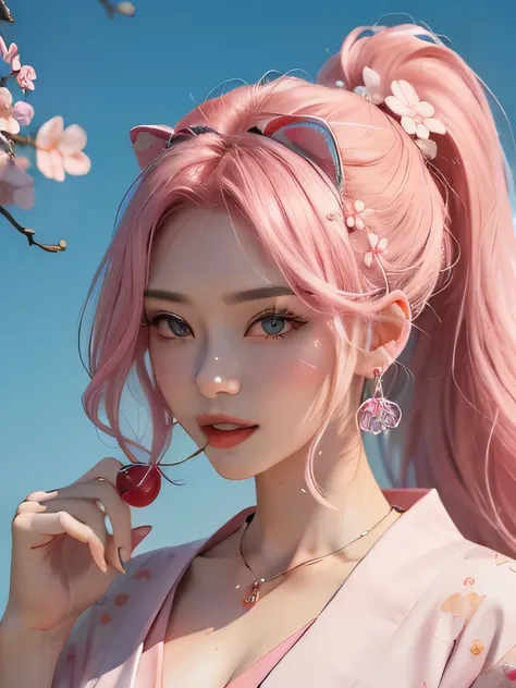 she is the cherry blossom spirit、pink eyes、pink hair、close up of face、pink eyebrows、pink teeth、pink fang、big ears、cherry blossom hair ornament、cherry blossom necklace、Cherry earrings、beautiful clavicle、ponytail、deep pink eyes、pink kimono showing collarbone...