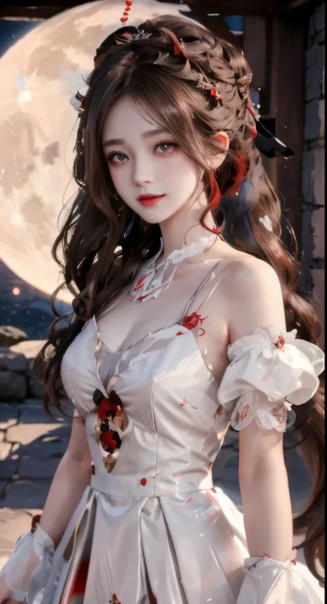 modify hair only、face）white dress，tulle skirt，reddish-brown hair，curls，ponytail，nice bun，perfect hairstyle，red headdress，red eye...