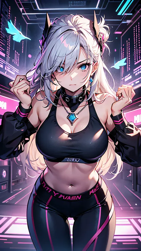 最high quality、best image quality、masterpiece、girl((20-year-old、 By becoming、vest bust、medium bust,wide open breast tea、shining eyes, silver hair、long hair、thin,highest valley、black sports bra、black sports pants、shoulder tattoo,diamond earrings、Wristband、bl...