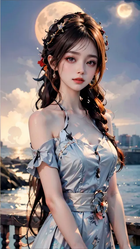 Modify hair only、Face）white dress，tulle skirt，Reddish-brown hair，curls，ponytail，Nice bun，Perfect hairstyle，red headdress，red eyes，red eye，red pupils，Delicate and detailed eyes，clear eyes，Red eyes，huge ，Smile，night、moonlight、seaside，Extremely detailed CG un...