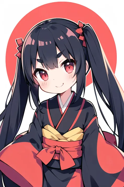 Japan 1 person　girl,8 years old,whole body,smile,male&#39;thick eyebrows,Long black hair with twin tails,white kimono,Red too,black eye,open your mouth wide