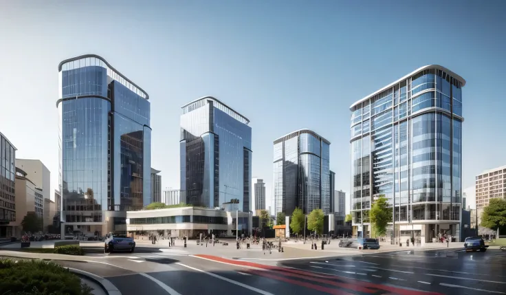 The image depicts a busy city street with a large building and a bus stop nearby. The street is filled with traffic, including cars and a bus, moving in various directions. There are several people walking along the sidewalk, some of them carrying handbags...