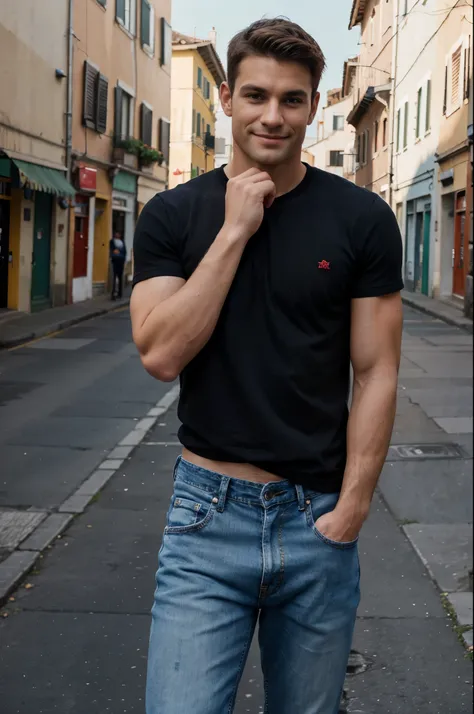 RAW photo, (male focus), a closeup portrait photograph of model man, muscle man, sharp jawline, very short hair, brown hair, standing outside, italian city in the background,  posing, smiling face, black t-shirt, denim broken jeans, with a smirk 8k uhd, ds...