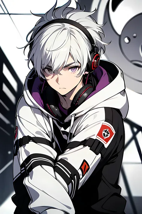 ((best quality)), ((masterpiece)), (detailed),17 years old boy, white hair, purple eyes, a face that is very familiar to women,wearing a black and white hoodie, with headphones around his neck