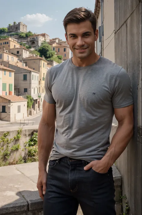 RAW photo, (male focus), a closeup portrait photograph of model man, muscle man, sharp jawline, very short hair, brown hair, standing outside, italian city in the background,  posing, smiling face, grey t-shirt, black jeans, with a smirk 8k uhd, dslr, soft...