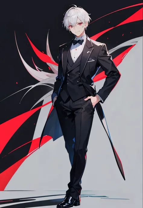 High resolution, 2D anime style,,cool men,short hair,silver hair,red eyes,dark mode fashion,big size formal fashion,he is smiling a little,