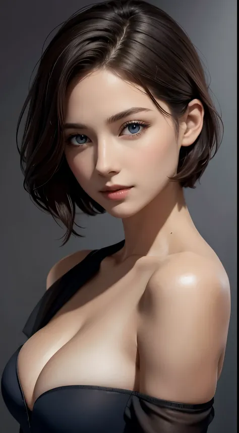 skin tight black top:1.2, looking at the viewer, cinematic lighting, perfection, soft light, high resolution skins:1.2, realistic skin texture, 30 year old mature woman、small face、No makeup、, off shoulder,bust B cup、small breasts、 exposed cleavage, blue ey...