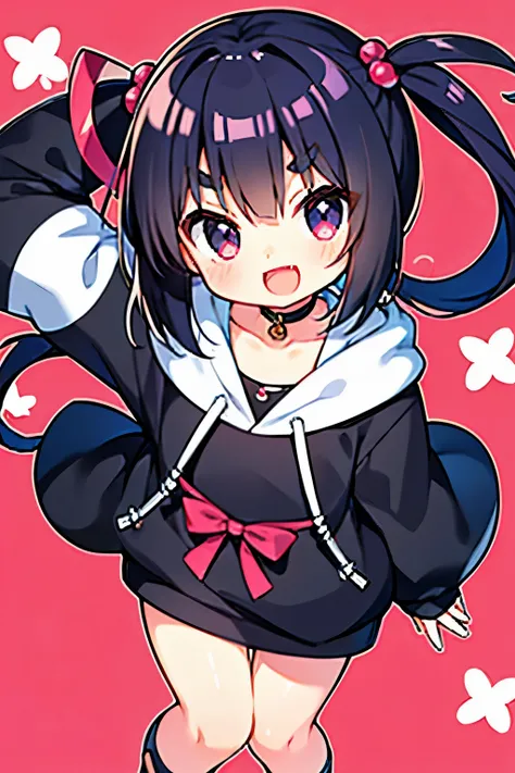 Japan 1 person　girl,8 years old,whole body,smile,male&#39;thick eyebrows,Long black hair ,black eye,open your mouth wide,kawaii、holding something、wearing a loose-fitting hoodie