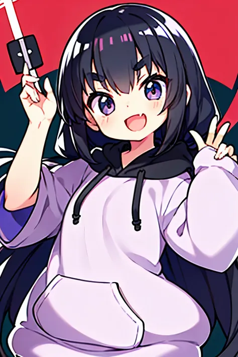 Japan 1 person　girl,8 years old,whole body,smile,male&#39;thick eyebrows,Long black hair ,black eye,open your mouth wide,kawaii、holding something、wearing a loose-fitting hoodie