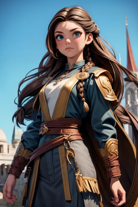 (Obra maestra, La mejor calidad) (young warrior woman of nordic descent), (age 18 years) (cuerpo completo) (ojos verdeuscular), (falda de piel), (brown hair color),(loose hair with small braids on the scalp), (top con correa de cuero) plumas, (azul, gray a...