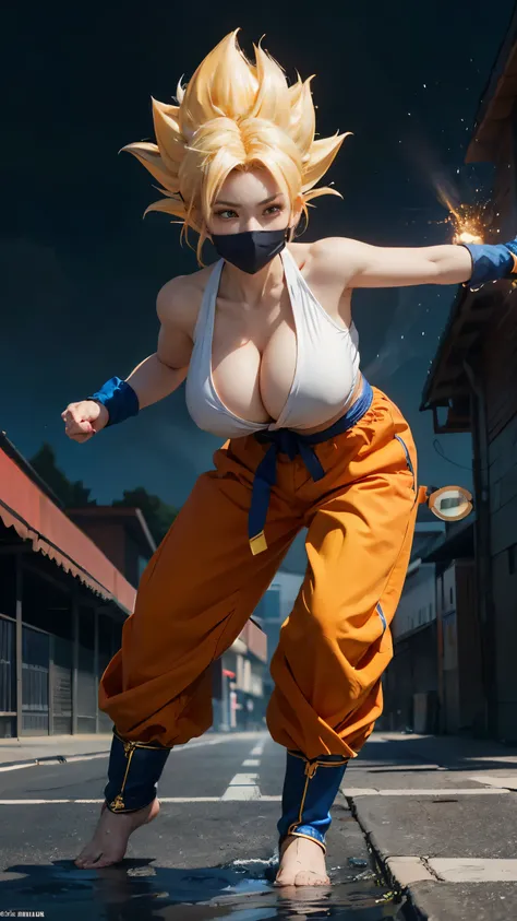 ((best quality)), ((masterpiece)), (detailed), perfect face, Dragon Ball anime, ((Full body photo, feet on the ground, straight body)), ((Laura/woman, big breasts, extremely beautiful)), ((Super Saiyan Superior Instinct)) {transformed into Super Saiyan wea...