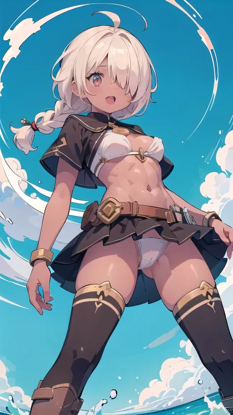 (masterpiece:1.2), (highest quality:1.2), perfect eyes, perfect face, perfect lighting, middle ages, sandy beach, 1 boy,blonde　red eye, white bikini,  ((((((hair over one eye)))))), Braid Styles, spiked hair, blunt bangs, bob hair, a braid, Ahoge, cute eye...