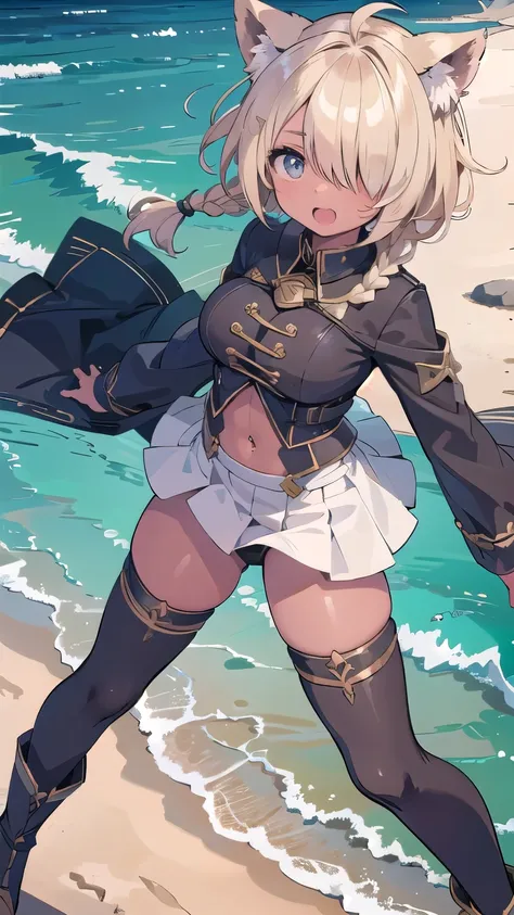 (masterpiece:1.2), (highest quality:1.2), perfect eyes, perfect face, perfect lighting, middle ages, sandy beach, 1 boy,blonde　red eye, ((((((hair over one eye)))))), Braid Styles, spiked hair, blunt bangs, bob hair, a braid, Ahoge, cute eyes, medium breas...