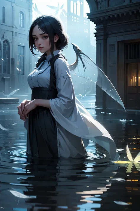 absurdres, highres,, (1girl, solo), big eyes,, townscape,, (Water Effects, Light Effects, Fluttering Feathers:1.2),