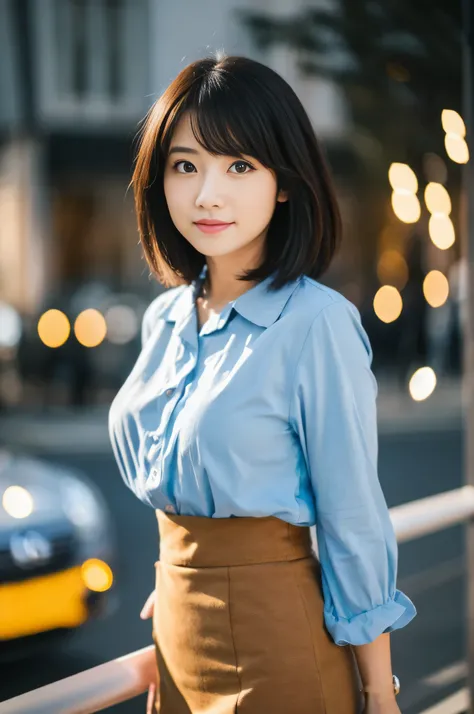 highest quality,masterpiece,32k,Depth of the bounds written、blur background、50mm,F1.4,professional lighting,cinematic lighting,full body,thin,きれいなDay本人女性,25 year old girl,Are standing,city,Wind,Day,short hair,light brown hair,blouse,skirt,shy,