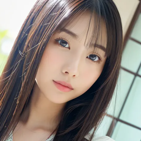 ((cute日本の女の子、beautiful japanese girl、1 girl、19 years old、Highly detailed face and skin texture、super detailed face、highly detailed eyes、Lee Hong、blush、ponytail、close-up of woman、front、cute、Highly detailed face and skin texture、smooth white skin、Transparent...