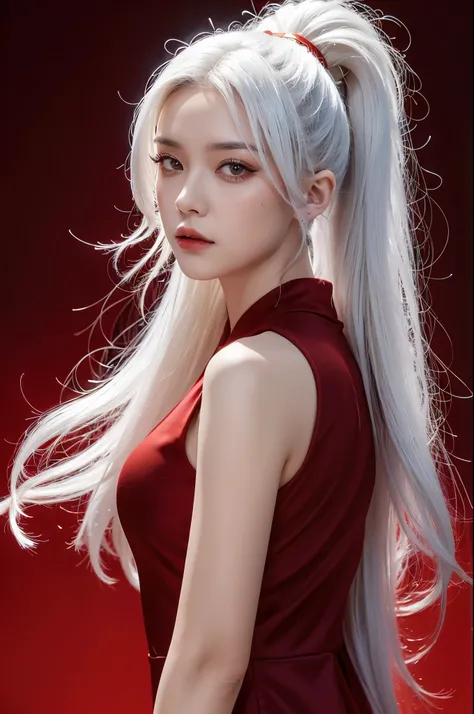 masterpiece, high quality, HCNONE, pixel art, 1 girl, white hair, ponytail, red gothic dress, simple golden background, death stare, solar eclipse background，（Year of the Dragon）