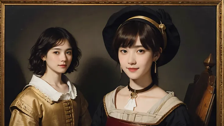 181 short hair, 20 year old female, gentle smile, (rembrandt style painting), (chest:1.2), long sleeve clothes
