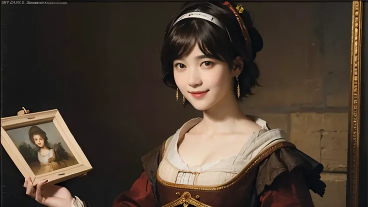 181 short hair, 20 year old female, gentle smile, (rembrandt style painting), (chest:1.2), long sleeve clothes
