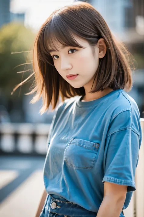 highest quality,masterpiece,32k,Depth of the bounds written、blur background、50mm,F1.4,professional lighting,cinematic lighting,profile,thin,きれいなDay本人女性,25 year old girl,Are standing,city,Wind,Day,bowl cut,light brown hair,T-shirt,jeans,shy,