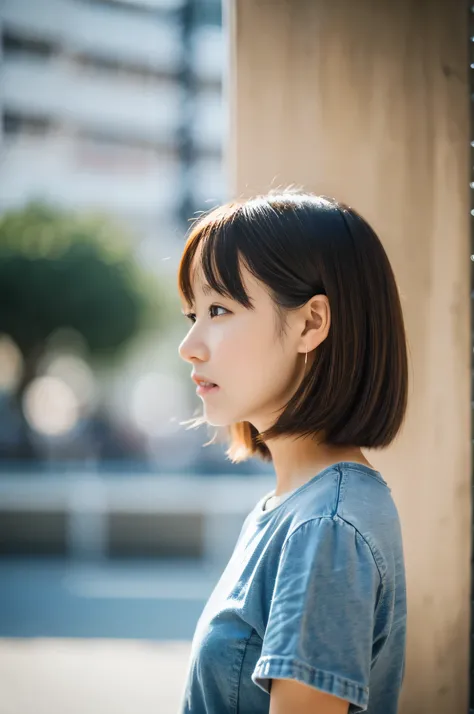 highest quality,masterpiece,32k,Depth of the bounds written、blur background、50mm,F1.4,professional lighting,cinematic lighting,profile,thin,きれいなDay本人女性,25 year old girl,Are standing,city,Wind,Day,bowl cut,light brown hair,T-shirt,jeans,shy,